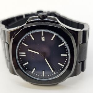 Men's BUREI Watch 40MM Black Blue Dial Black Case Bracelet‎ 6" New Battery